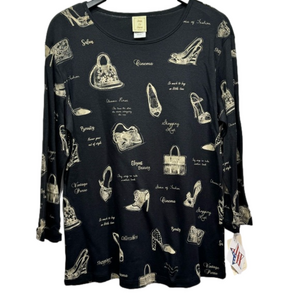 Jess & Jane Black Top 3/4 Sleeve Cotton Casual Fashion Shopping Theme Size Large